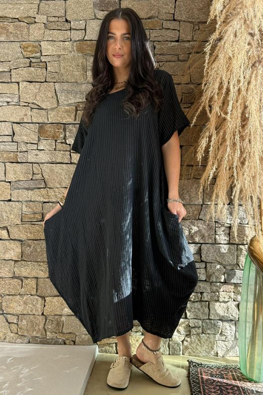 Salcombe Chalk Stripe Cotton Cocoon Dress Black